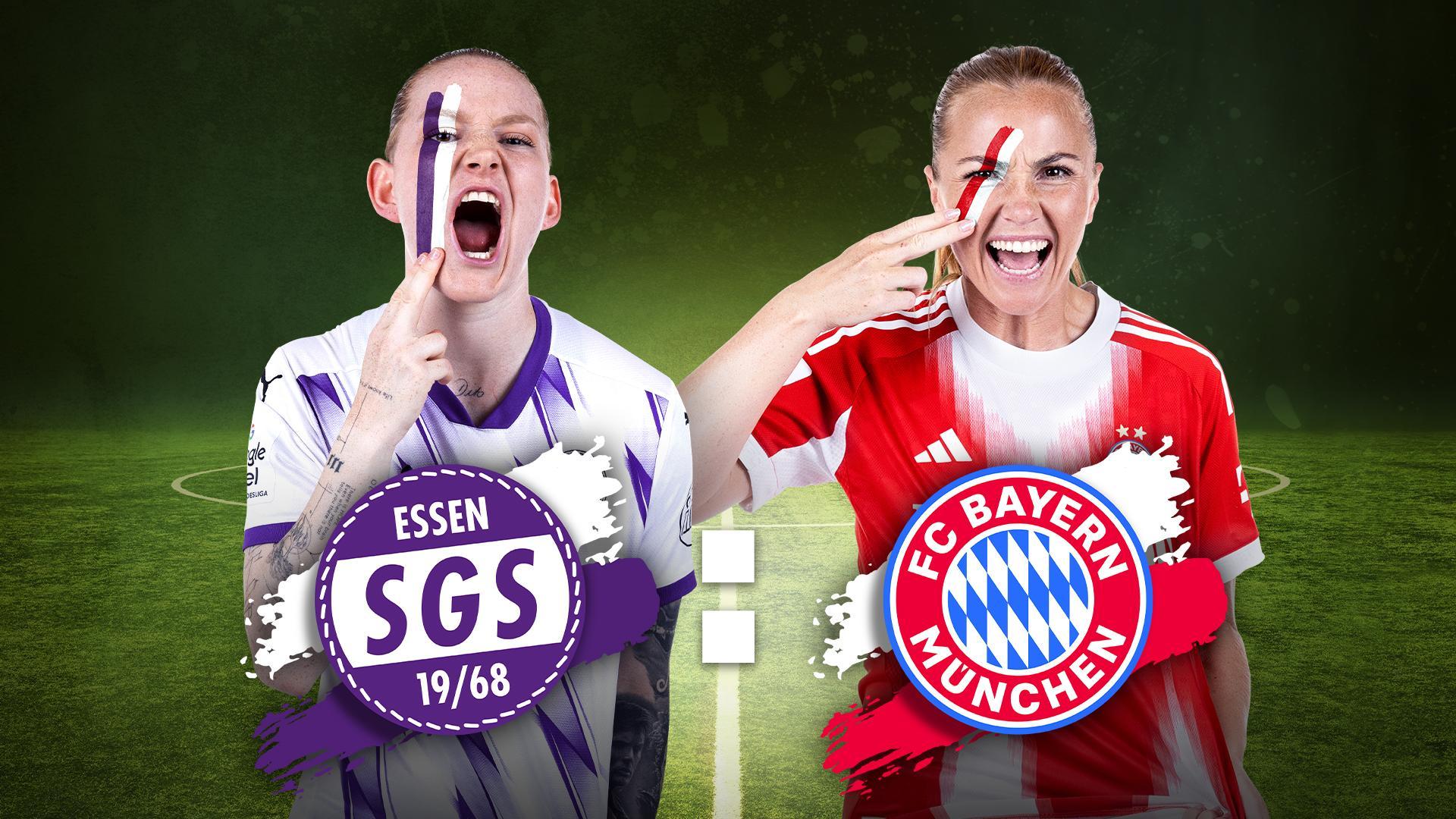 Werbegrafik mit Spielerinnen von SGS Essen und FC Bayern München mit Vereinslogos.